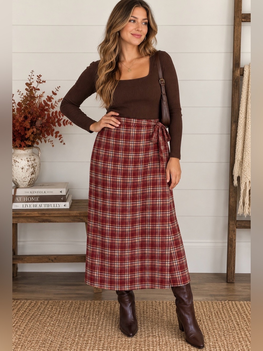 Land’s End Plaid Midi Skirt Size 12 Burgundy Cotton Side Tie Fall
